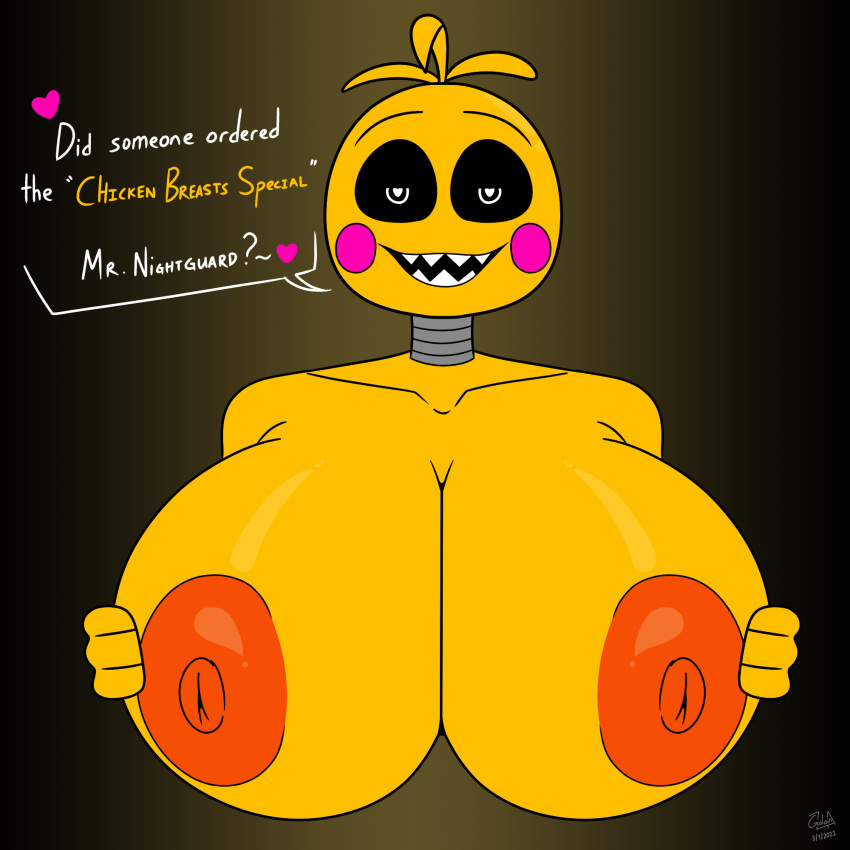 &lt;3 animatronic anthro areola avian beakless bedroom_eyes big_breasts bird black_sclera blush blush_stickers breasts bust_portrait chicken english_text female five_nights_at_freddy's five_nights_at_freddy's_2 galainza galliform gallus_(genus) hand_on_breast hi_res huge_breasts looking_at_viewer machine narrowed_eyes nipples non-mammal_breasts open_mouth orange_areola orange_nipples phasianid portrait question_mark robot scottgames seductive solo text toy_chica_(fnaf) video_games white_eyes yellow_body