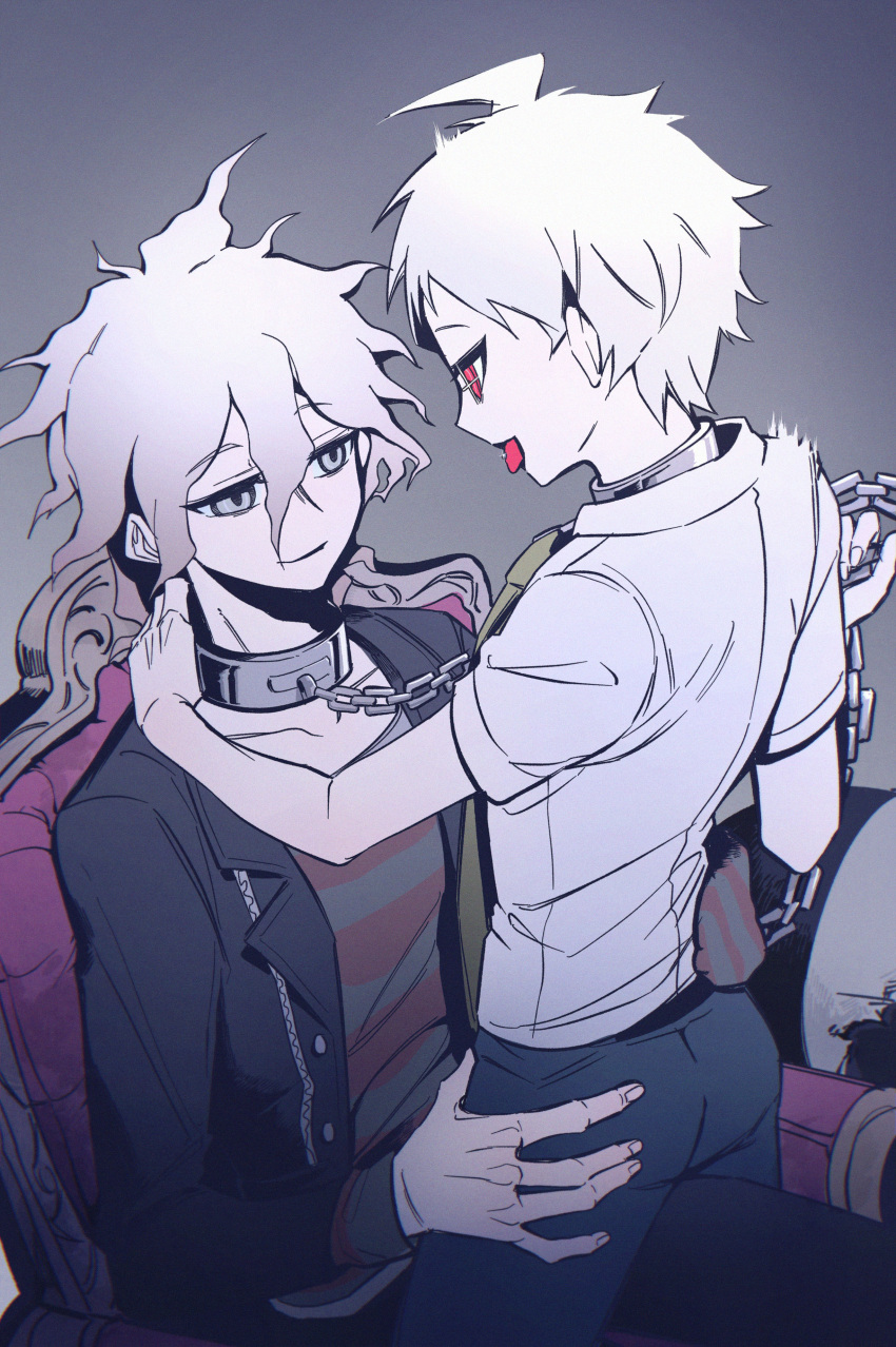 2boys absurdres ahoge bangs black_jacket black_pants chain chained collar danganronpa_(series) danganronpa_another_episode:_ultra_despair_girls eye_contact gradient gradient_background green_necktie grey_eyes grey_shirt hair_between_eyes hand_on_another's_hip highres hinata_hajime hinata_hajime_(awakened) jacket komaeda_nagito long_sleeves looking_at_another male_focus messy_hair metal_collar multiple_boys necktie official_alternate_costume open_clothes open_jacket pants red_shirt servant_(danganronpa) shirt short_hair short_sleeves sitting sitting_on_lap sitting_on_person striped striped_shirt tongue tongue_out yaoi ziling