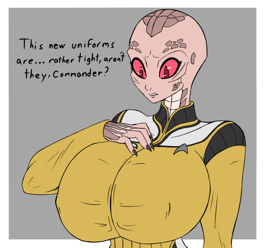 animal_humanoid big_breasts bodily_fluids breasts captain_chela clothed clothing digital_drawing_(artwork) digital_media_(artwork) female hi_res huge_breasts humanoid looking_at_self reptile reptile_humanoid saurian_(star_trek) scalie scalie_humanoid sheep_magik simple_background solo sweat sweatdrop text tight_clothing uniform worried worried_face worried_look