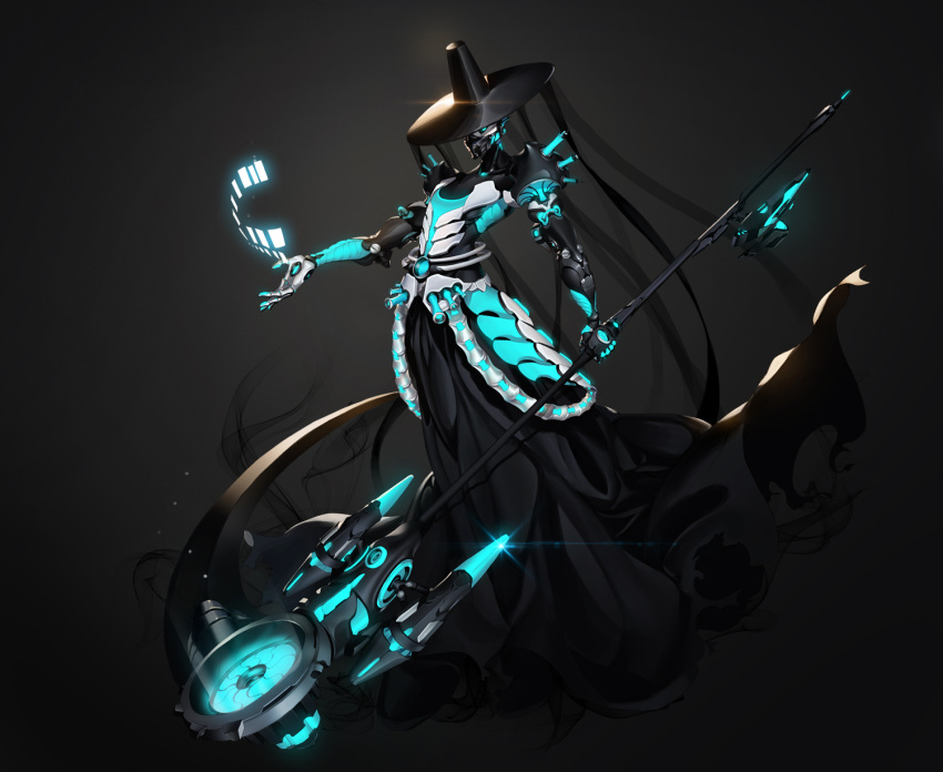 1boy android black_hair black_headwear black_robe black_sclera blue_eyes cable collarbone colored_sclera glint glowing hat highres holding holding_staff hologram infinity lens_flare looking_at_viewer male_focus mask mechanical_arms mouth_mask original robe sai4898 science_fiction solo staff