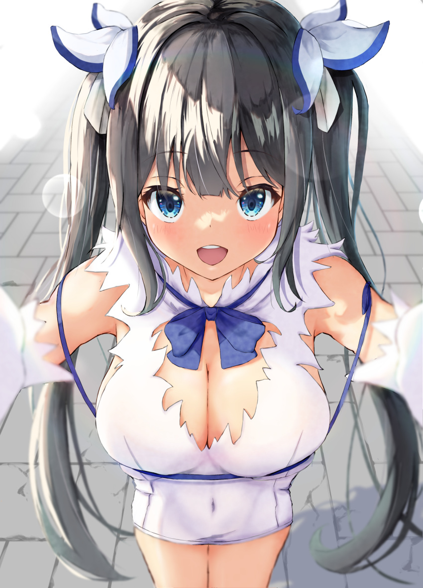 1girl black_hair blue_eyes blue_ribbon breasts cleavage dungeon_ni_deai_wo_motomeru_no_wa_machigatteiru_darou_ka elbow_gloves gloves hestia_(danmachi) highres large_breasts looking_at_viewer open_mouth pov ribbon smile tatika714 twintails