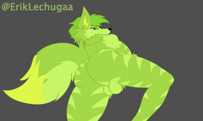 absurd_res backsack balls canid canine canis eriklechugaa fur genitals green_body green_fur green_hair hair hi_res lechuga_(eriklechugaa) looking_at_viewer looking_back male mammal solo wolf