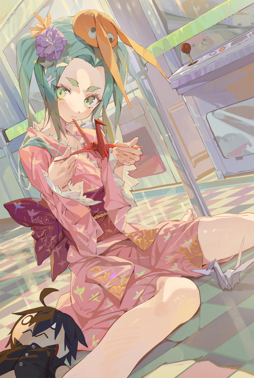 1girl absurdres animal_print aqua_hair araragi_koyomi arcade bird_print bow closed_mouth dutch_angle feet_out_of_frame flower green_eyes hair_ornament hairclip hat highres holding holding_paper hxxg japanese_clothes kimono long_sleeves looking_at_viewer monogatari_(series) on_floor ononoki_yotsugi orange_flower origami paper pink_kimono print_bow print_kimono purple_flower red_bow sitting stuffed_animal stuffed_toy wariza