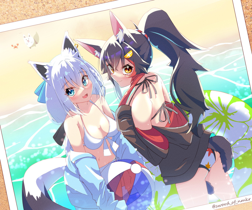 absurdres animal_ear_fluff animal_ears ball bangs bikini black_bow black_hair black_hoodie blue_hoodie blush bow braid breasts commentary_request crab fox_ears fox_girl fox_tail fubuzilla_(shirakami_fubuki) green_eyes hair_between_eyes hair_bow hair_ornament hairclip highres holding holding_ball hololive hood hoodie long_hair looking_at_viewer looking_back multicolored_hair murasame_(sword_of_nmkr) ookami_mio open_clothes open_hoodie open_mouth photo_(object) ponytail red_hair shirakami_fubuki sidelocks single_braid small_breasts smile streaked_hair swimsuit tail tail_around_leg twitter_username virtual_youtuber white_bikini white_hair wolf_ears wolf_girl wolf_tail yellow_eyes