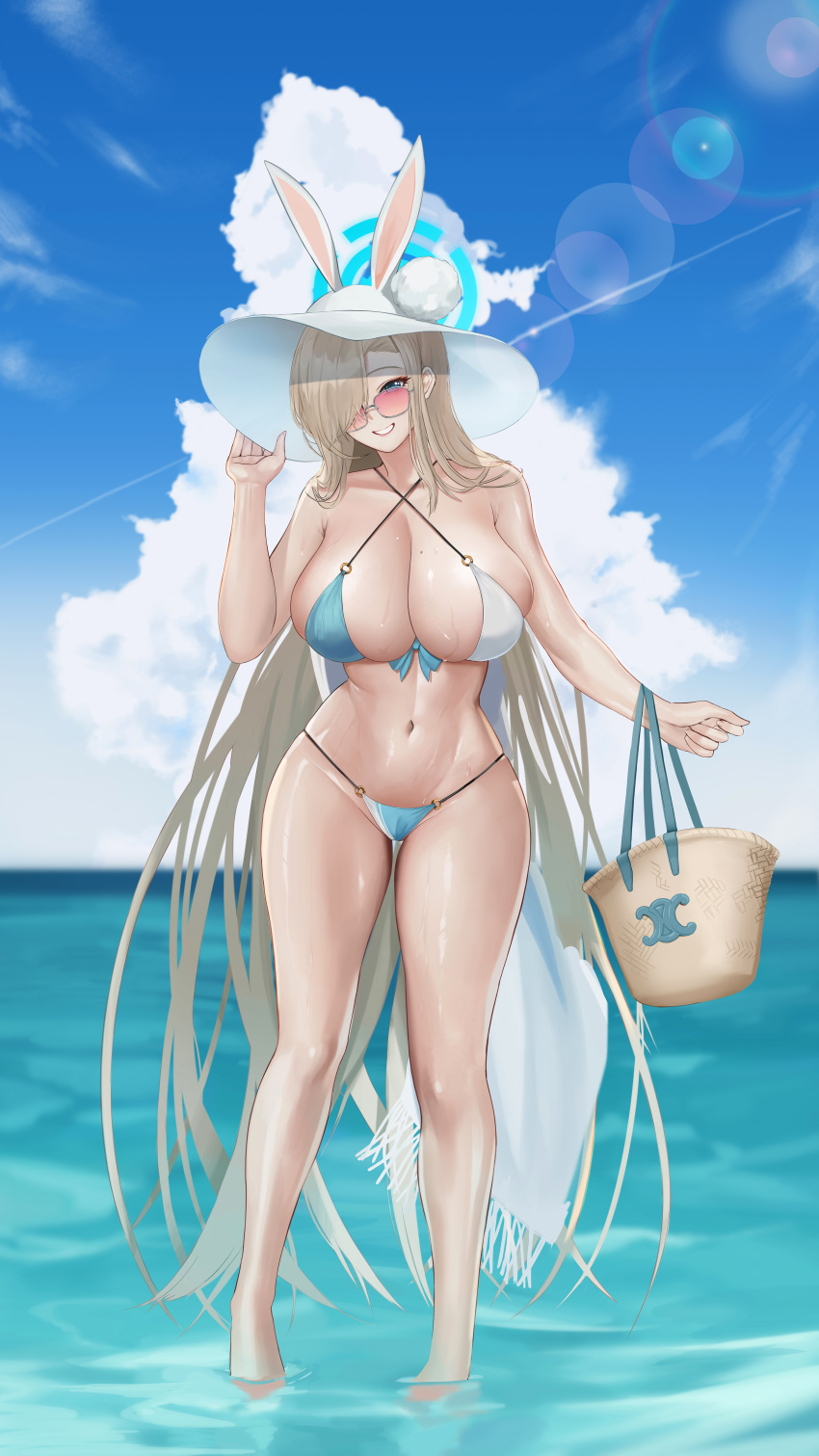 1girl absurdres animal_ears asuna_(blue_archive) bangs bikini blue_archive blue_bikini blue_eyes blue_sky breasts cloud day fake_animal_ears front-tie_bikini_top front-tie_top gcg hair_over_one_eye halo hat highres huge_breasts light_brown_hair long_hair mole mole_on_breast outdoors rabbit_ears sky smile solo sun_hat sunglasses swept_bangs swimsuit two-tone_bikini very_long_hair wading white_bikini white_headwear