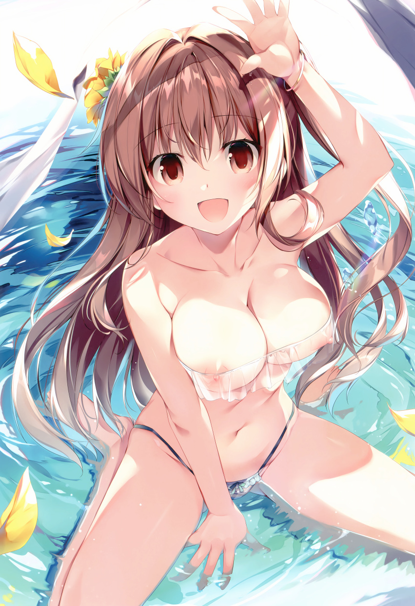 1girl :d absurdres bangs bare_legs barefoot bikini blush breasts brown_eyes brown_hair cleavage collarbone feet flower frilled_bikini frills hair_flower hair_ornament highres karory large_breasts long_hair looking_at_viewer navel nipples non-web_source open_mouth original partially_submerged see-through see-through_swimsuit sitting smile solo stomach swimsuit very_long_hair wariza wet white_bikini