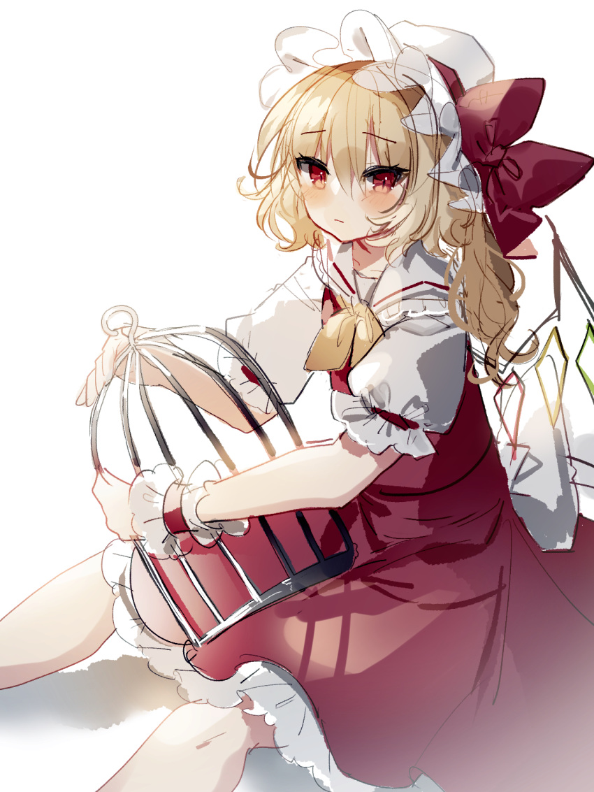 1girl ascot back_bow bangs birdcage blonde_hair blush bow cage closed_mouth collared_shirt crystal eyes_visible_through_hair feet_out_of_frame flandre_scarlet frilled_shirt_collar frilled_skirt frilled_sleeves frills frown hair_between_eyes hat hat_ribbon highres looking_at_viewer medium_hair mob_cap one_side_up puffy_short_sleeves puffy_sleeves red_eyes red_ribbon red_skirt red_vest ribbon shirt short_sleeves simple_background sitting skirt skirt_set slit_pupils solo sorani_(kaeru0768) touhou vest white_background white_bow white_headwear white_shirt wings wrist_cuffs yellow_ascot