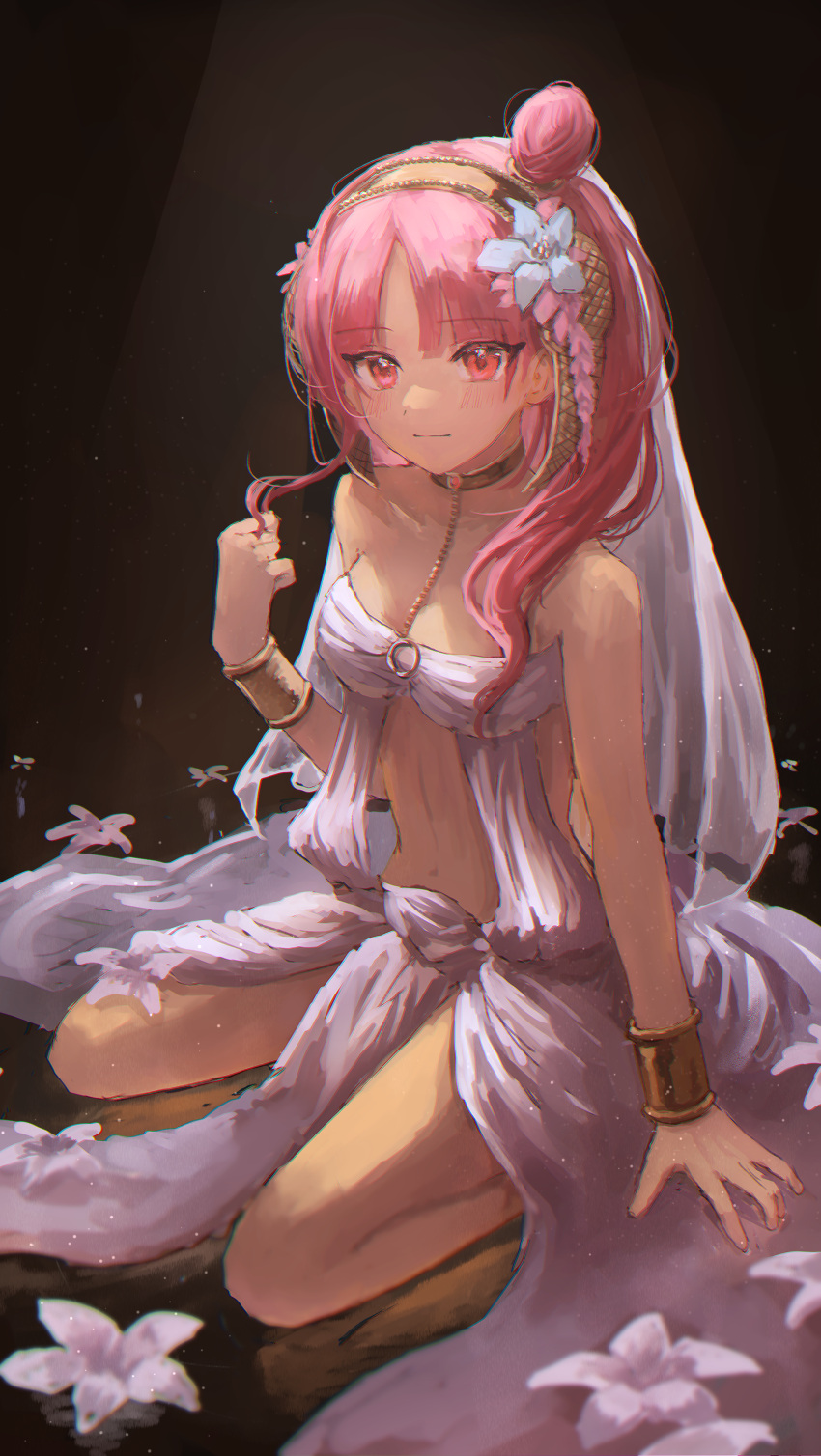 1girl absurdres arm_support bracelet breasts chain closed_mouth dark_background dress flower gold_chain gold_collar hair_bun hair_flower hair_ornament hand_up highres jewelry kumagai_yuka light_smile looking_at_viewer magi_the_labyrinth_of_magic medium_breasts morgiana o-ring playing_with_own_hair red_eyes red_hair revealing_clothes sitting sleeveless sleeveless_dress solo veil wariza white_flower