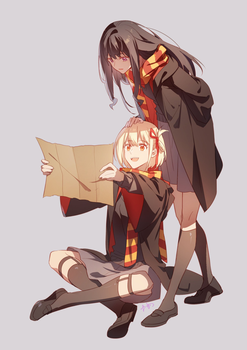 2girls absurdres alternate_costume bangs black_footwear black_hair black_robe black_socks blonde_hair commentary_request grey_background gryffindor hair_ribbon hand_on_another's_head harry_potter_(series) highres hogwarts_school_uniform holding holding_paper indian_style inoue_takina kneehighs long_hair long_sleeves lycoris_recoil multiple_girls nishikigi_chisato open_mouth paper pleated_skirt purple_eyes red_eyes red_ribbon ribbon robe scarf school_uniform shoes short_hair signature simple_background sitting skirt smile socks standing walluku wide_sleeves