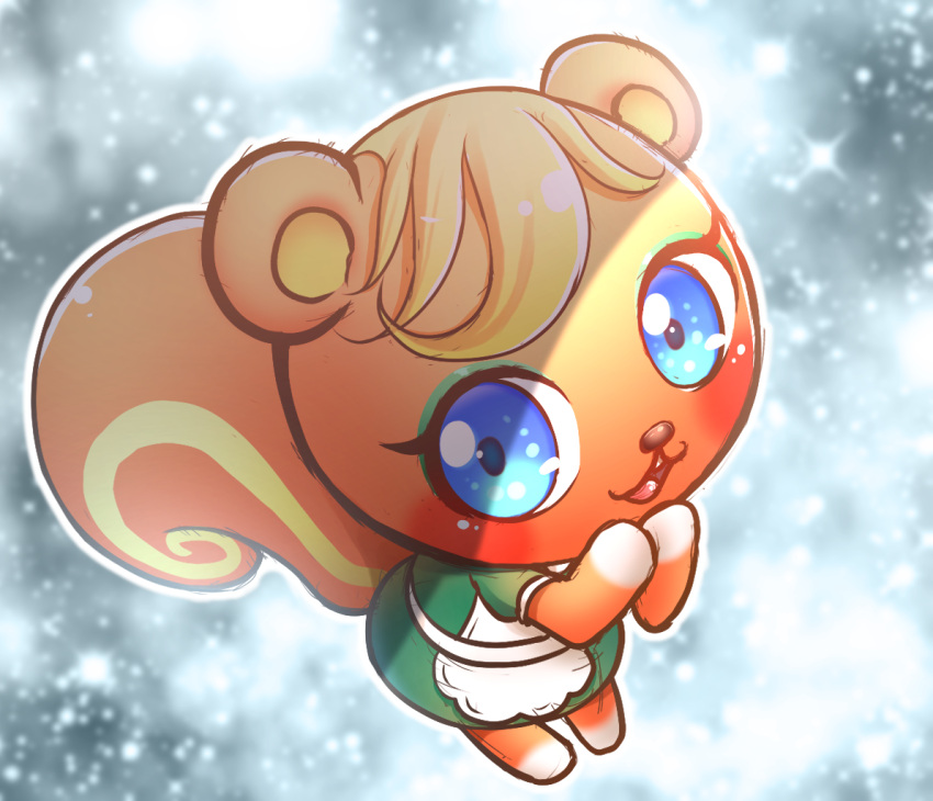 animal_crossing anthro big_tail blonde_hair blue_eyes blush brown_nose caroline_(animal_crossing) digital_media_(artwork) eyelashes eyeshadow female hair luebi makeup mammal nintendo open_mouth open_smile orange_body rodent sciurid smile solo tree_squirrel video_games yellow_inner_ear