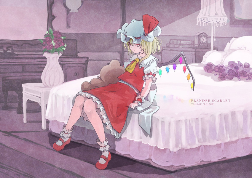 1girl ascot asymmetrical_hair back_bow bed blanket blonde_hair book book_stack bow chair character_name clock closed_mouth collared_shirt commentary_request copyright_name crystal desk expressionless flandre_scarlet flower frilled_shirt_collar frilled_skirt frilled_sleeves frills full_body hair_between_eyes hat hat_ribbon highres indoors knees_together_feet_apart lamp lampshade leaf looking_at_viewer mary_janes medium_hair mirror mob_cap on_bed pillow puffy_short_sleeves puffy_sleeves red_bow red_eyes red_flower red_footwear red_ribbon red_rose red_skirt red_vest ribbon rose satyuas shirt shoes short_sleeves sitting skirt skirt_set socks solo stuffed_animal stuffed_toy teddy_bear touhou vase vest white_bow white_headwear white_shirt white_socks wings wrist_cuffs yellow_ascot