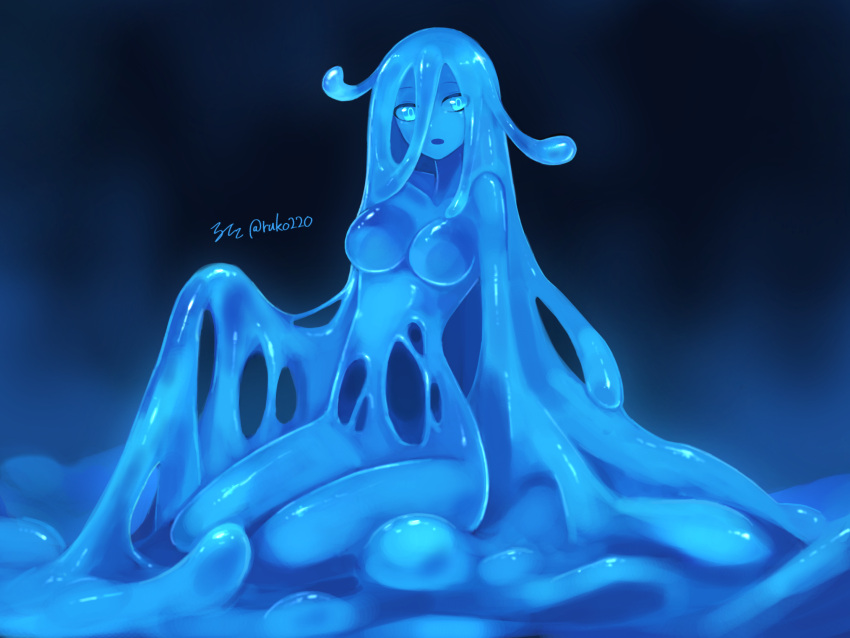 1girl :o blue_eyes blue_hair blue_sclera blue_skin blue_theme colored_sclera colored_skin completely_nude highres hole_in_chest hole_on_body long_hair looking_at_viewer monochrome monster_girl nude original parted_lips ruteko_(ruko220) sitting slime_girl solo tentacle_hair twitter_username very_long_hair