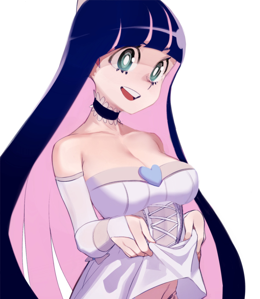 1girl bare_shoulders black_choker breasts bridal_gauntlets choker cleavage clothes_lift clothes_pull collarbone corset detached_sleeves dress dress_lift elbow_gloves gloves green_eyes highres large_breasts long_hair multicolored_hair navel open_mouth panty_&amp;_stocking_with_garterbelt pink_hair pulled_by_self purple_hair sho-n-d simple_background smile stocking_(psg) stomach teeth two-tone_hair upper_teeth white_background white_dress