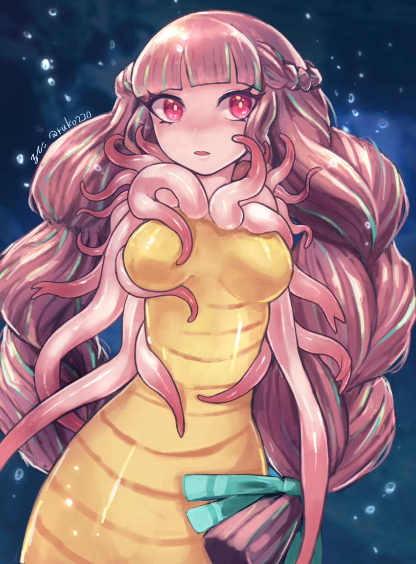 1girl air_bubble braid bubble colored_skin extra_arms highres looking_at_viewer monster_girl multicolored_skin original parted_lips pink_hair pink_skin red_eyes ruteko_(ruko220) solo tentacle_hair twin_braids twitter_username underwater upper_body yellow_skin
