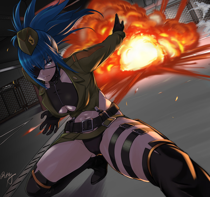 1girl belt beret black_gloves blue_eyes blue_hair boots breasts explosion eyepatch gloves green_jacket hanabusa_(xztr3448) hat high_heel_boots high_heels highres jacket leona_heidern navel ponytail snk_heroines:_tag_team_frenzy solo the_king_of_fighters underboob