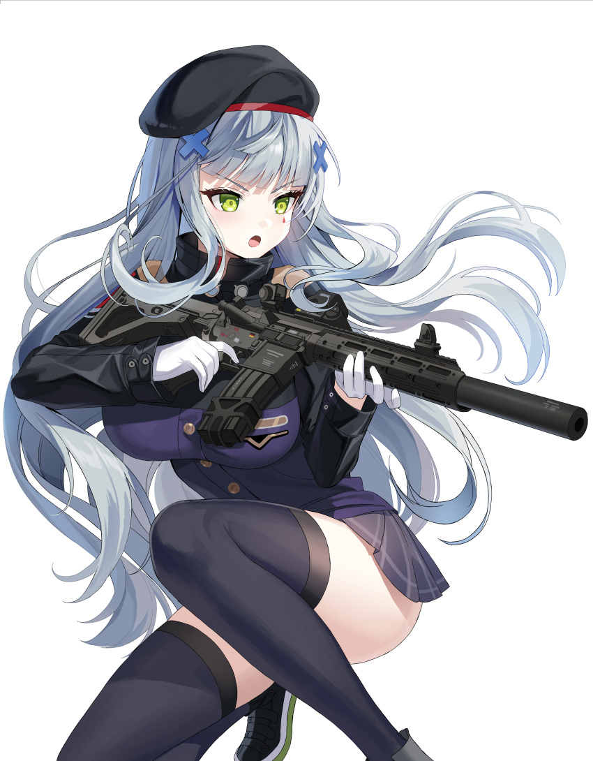 1girl absurdres assault_rifle bangs beret black_headwear black_thighhighs breasts commentary_request girls'_frontline gloves green_eyes grey_hair gun h&amp;k_hk416 hair_ornament hat highres hk416_(girls'_frontline) holding holding_gun holding_weapon hyoin large_breasts long_hair long_sleeves open_mouth rifle skirt solo teardrop_facial_mark thighhighs thighs weapon white_gloves