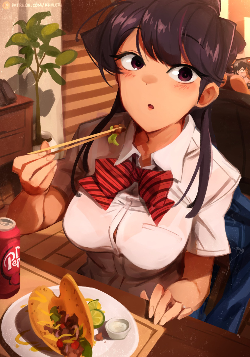 2girls :o absurdres bangs black_hair black_tank_top blue_pants blush bow bowtie bra bra_visible_through_clothes breasts bursting_breasts button_gap can cellphone chopsticks collared_shirt commentary denim dr_pepper dress_shirt eating food from_behind hair_over_shoulder hand_on_table highres holding holding_chopsticks holding_food indoors jeans khyle. komi-san_wa_komyushou_desu komi_shouko komi_shuuko long_hair looking_at_viewer medium_breasts medium_hair multiple_girls no_mouth open_mouth pants pants_removed patreon_username phone pink_lips plant potted_plant purple_eyes red_bow red_bowtie shirt short_hair short_sleeves smartphone soda_can spanish_commentary stairs straight_hair striped striped_bow striped_bowtie swept_bangs table taco tadano_hitohito tank_top underwear upper_body web_address white_bra white_shirt wing_collar wooden_floor