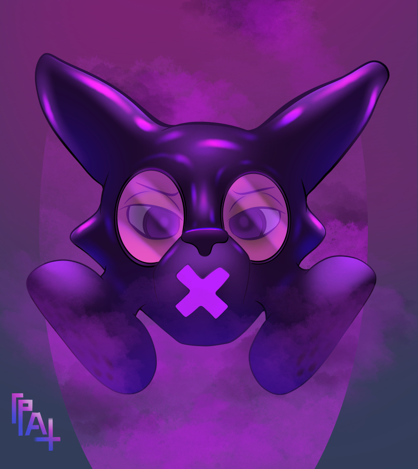 absurd_res anthro big_eye canid canine clothing foggy fox gas_mask gradient_background headshot_portrait hi_res long_ears male mammal mask narrowed_eyes portrait psycheapple purple_clothing rubber simple_background solo squint thin_eyebrows