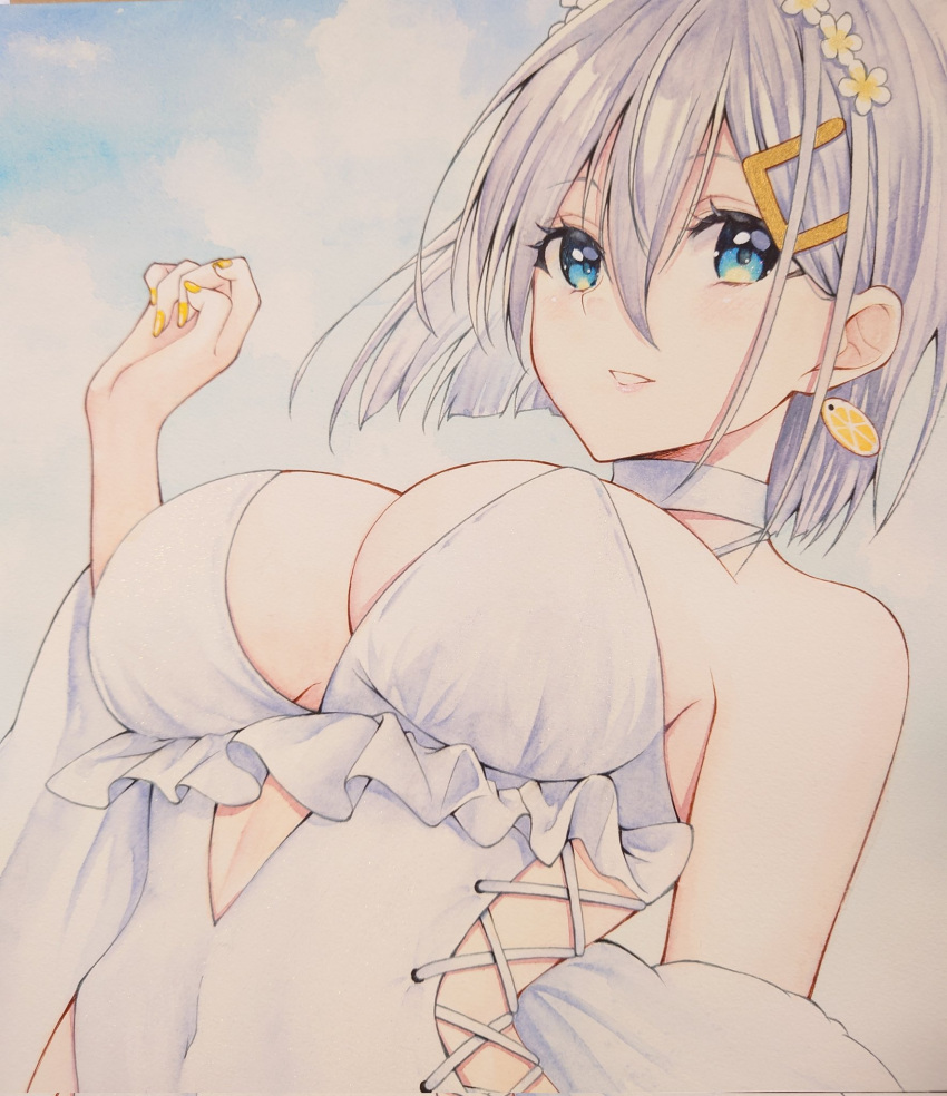 1girl blue_eyes breasts casual_one-piece_swimsuit choker commentary_request cosplay earrings flower food-themed_earrings frilled_swimsuit frills hair_between_eyes hair_flower hair_ornament hairband hairclip hamakaze_(kancolle) highleg highleg_swimsuit highres jewelry kantai_collection large_breasts lemon_earrings mimamui one-piece_swimsuit sagiri_(kancolle) sagiri_(kancolle)_(cosplay) shawl short_hair side-tie_swimsuit solo swimsuit white_choker white_hair white_one-piece_swimsuit white_shawl