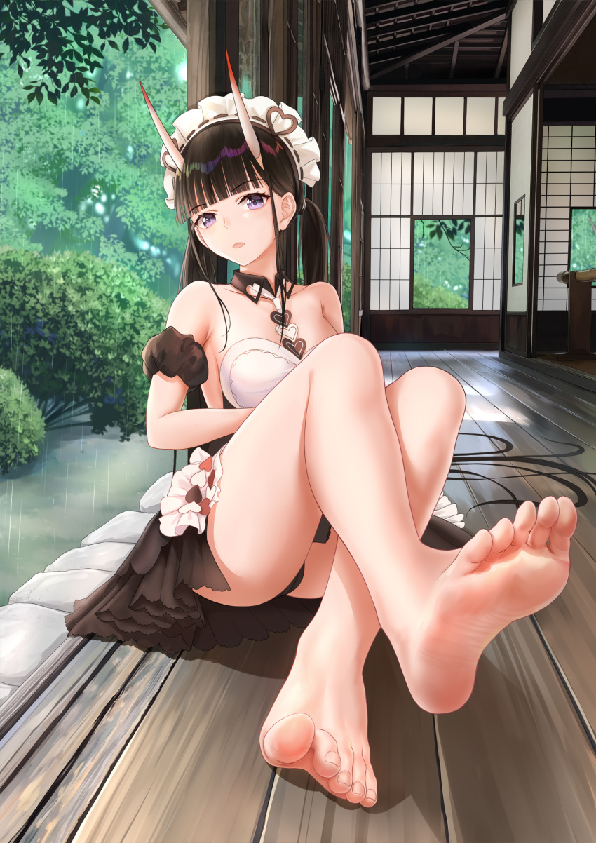 1girl architecture azur_lane bangs bare_legs bare_shoulders barefoot blunt_bangs brown_dress brown_hair dress east_asian_architecture feet foot_focus foot_up foreshortening frilled_dress frills full_body highres horns knees_up long_hair looking_at_viewer maid maid_headdress noshiro_(azur_lane) oni_horns parted_lips plant purple_eyes rain shigatsu_(4gate) sidelocks sitting soles solo strapless strapless_dress thighs toes twintails wooden_floor