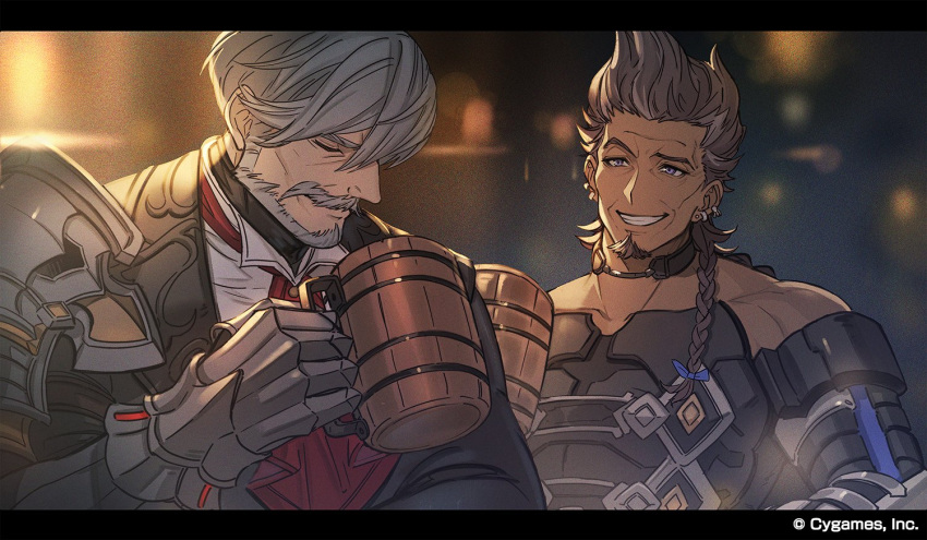 2boys anderson_(granblue_fantasy) armor bangs beer_mug black_hair black_jacket blue_eyes closed_eyes cup earrings facial_hair granblue_fantasy grey_hair holding jacket jewelry looking_at_another male_focus mature_male minaba_hideo mug multiple_boys mustache necktie official_art pauldrons shirt short_hair shoulder_armor single_pauldron smile teeth upper_body white_shirt yngwie