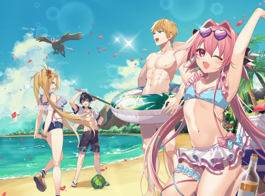 1girl 3boys absurdres astolfo_(fate) beach bikini bikini_skirt black_hair blonde_hair blue_eyes bradamante_(fate) charlemagne_(fate) citron_82 eyewear_on_head fang fate/grand_order fate_(series) flower food fruit hair_flower hair_ornament heart heart-shaped_eyewear highres hippogriff innertube male_swimwear multicolored_hair multiple_boys navel ocean one_eye_closed otoko_no_ko petals pink_eyes pink_hair roland_(fate) stick sunglasses swim_trunks swimsuit twintails two-tone_hair watermelon white_hair