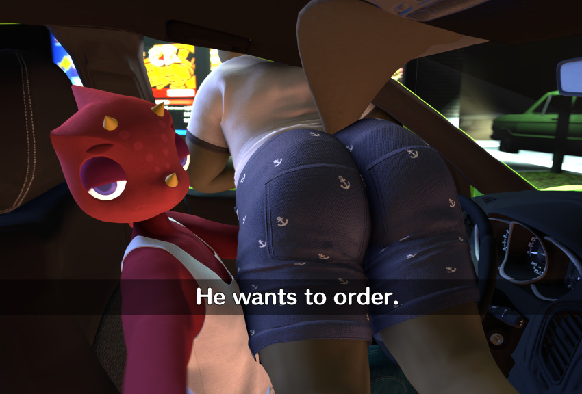 3d_(artwork) animal_crossing anthro beaver big_butt bottomwear butt c.j._(animal_crossing) car chameleon chubby_male clothing daemont92 digital_media_(artwork) duo flick_(animal_crossing) he_wants_to_order hi_res leaning leaning_forward lizard looking_at_viewer male male/male mammal meme nintendo reptile rodent scalie selfie shorts source_filmmaker vehicle video_games