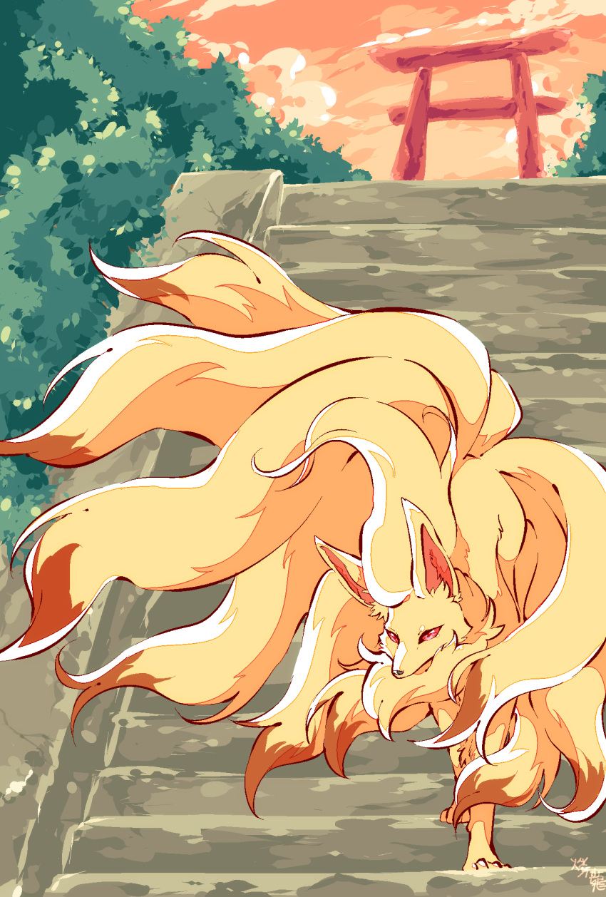 4_toes 9_tails ambiguous_gender brown_body brown_fur brown_tail canid canine cloud colored day detailed_background digital_media_(artwork) digitigrade dipstick_tail feet feral fluffy fluffy_tail front_view full-length_portrait fur generation_1_pokemon grey_nose head_tuft hi_res inner_ear_fluff kemono mammal markings monotone_ears multi_tail multicolored_body multicolored_fur multicolored_tail neck_tuft ninetales nintendo no_sclera ohayou_milk outside paws plant pokemon pokemon_(species) portrait pupils quadruped red_eyes red_inner_ear red_pupils shaded shrub sky snout solo stairs standing sunset tail_markings toes torii tuft two_tone_body two_tone_fur two_tone_tail video_games yellow_body yellow_ears yellow_fur yellow_inner_ear_fluff yellow_tail