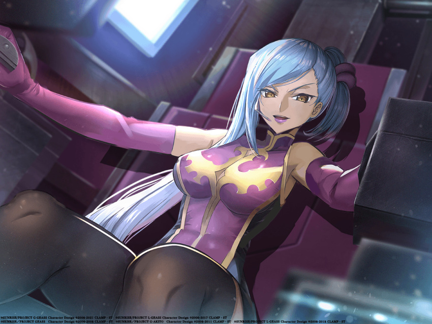 artist_request bangs black_thighhighs breasts brown_eyes cockpit code_geass code_geass:_genesic_re;code dark-skinned_female dark_skin elbow_gloves gloves grey_hair hair_behind_ear leotard long_hair medium_breasts official_art open_mouth ponytail purple_gloves purple_leotard purple_lips smile swept_bangs thighhighs very_long_hair villetta_nu