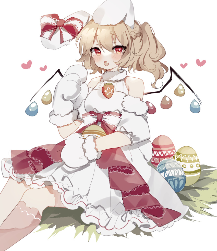 1girl :o alternate_costume animal_ears animal_hands bangs bare_shoulders blush bow carrot_necklace detached_sleeves dress dress_bow easter easter_egg egg fang feet_out_of_frame flandre_scarlet fur-trimmed_gloves fur_collar fur_trim furrowed_brow gloves hair_between_eyes highres jewelry looking_at_viewer necklace open_mouth paw_gloves rabbit_ears red_bow side_ponytail simple_background single_sock sitting socks solo sorani_(kaeru0768) touhou wavy_hair white_background white_dress white_sleeves wings