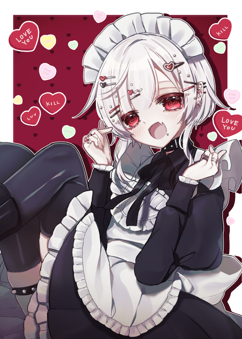 :d absurdres black_bow black_choker black_thighhighs blush bow choker crossdressing fang feet_out_of_frame hair_ornament hairclip hands_up heart heart_hair_ornament highres jewelry long_sleeves looking_at_viewer maid maid_headdress mogmogyasai original puffy_long_sleeves puffy_sleeves red_eyes ring sitting skin_fang smile studded_choker studded_thigh_strap thigh_strap thighhighs white_hair