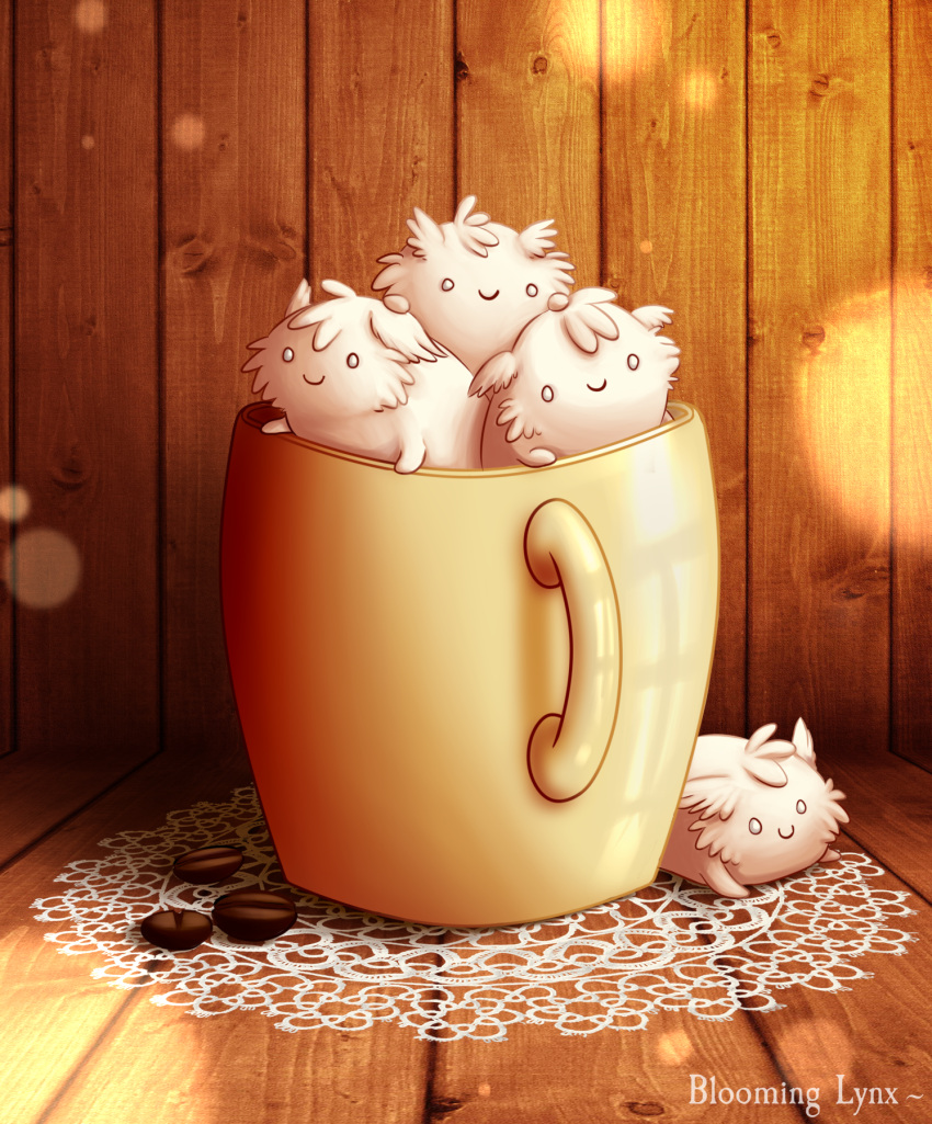 ambiguous_gender bean bloominglynx cheek_tuft coffee_bean empty_eyes facial_tuft fur group hi_res lying mug on_front simple_eyes smile tuft white_body white_fur white_head_tuft