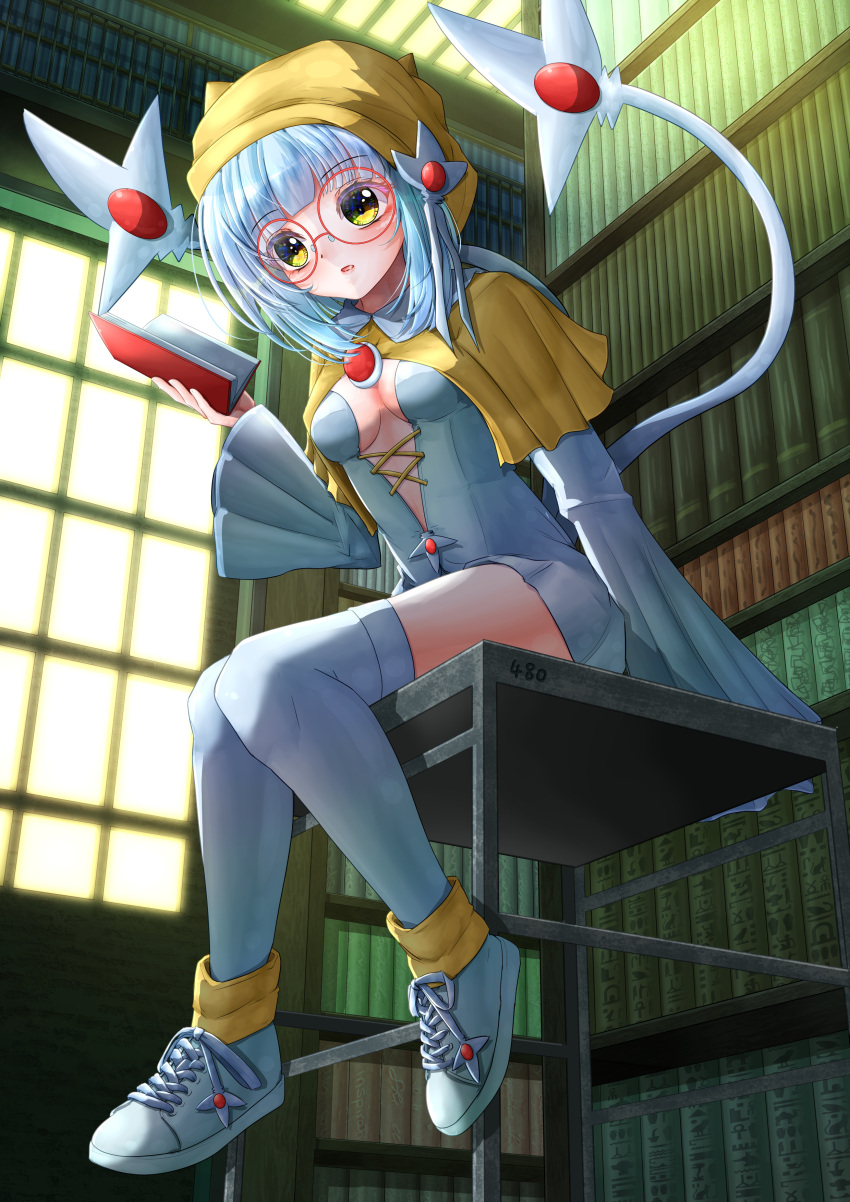 1girl absurdres bangs blush book breasts commentary_request from_below glasses hand_up highres holding holding_book indoors library parted_lips personification pokemon pokemon_tail red-framed_eyewear round_eyewear shelf shoes sitting sneakers solo tail thighhighs uxie window yellow-star-light yellow_eyes