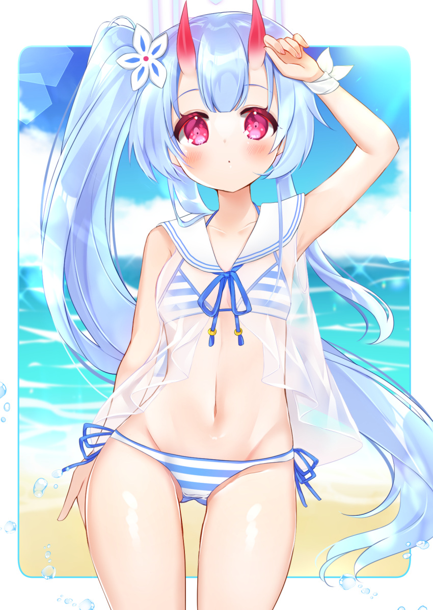 1girl arm_up bangs bare_arms bare_shoulders bikini blue_archive blue_hair blue_sky blurry blurry_background blush chise_(blue_archive) chise_(swimsuit)_(blue_archive) closed_mouth commentary_request day depth_of_field groin highres horizon horns long_hair looking_at_viewer navel ocean oni oni_horns outdoors red_eyes sailor_collar see-through shikito side-tie_bikini_bottom side_ponytail sky solo striped striped_bikini swimsuit very_long_hair water white_sailor_collar