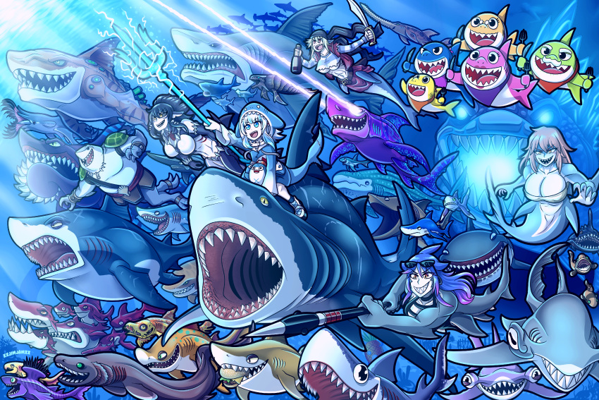 absurdres animal baby_shark bloop_(gawr_gura) blue_eyes breasts burger colored_skin crossover fish fish_tail food fork freediving gawr_gura godzilla green_eyes highres holding holding_fork holding_knife holding_sword holding_weapon janusjan king_shark_(dc) knife large_breasts laser mako_(monster_girl_island) mako_(monster_musume) mermaid mershark_(monster_girl_encyclopedia) monster_girl monster_girl_island monster_girl_project multicolored_eyes multicolored_hair multicolored_skin multiple_boys multiple_girls ocean ocean_bottom orange_eyes shark shark_fin shark_girl shark_race_(monster_musume) shark_tail sharp_teeth shell spongebob_squarepants submerged swimming sword tail teeth underwater underwater_shrine water watermark weapon yellow_eyes