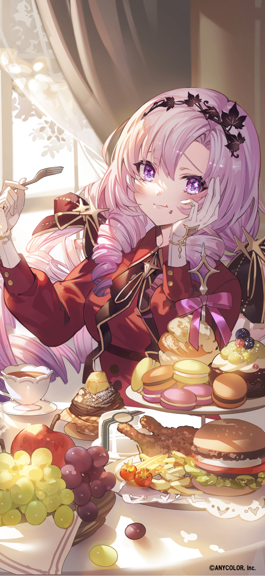 1girl absurdres apple bangs black_hair blush burger cup curtains dress food food_on_face fork french_fries fruit gloves grapes hair_ribbon hand_on_own_cheek hand_on_own_face highres holding holding_fork hyakumantenbara_salome indoors light_purple_hair long_hair long_sleeves looking_at_viewer nijisanji noir_eku non-web_source official_art puffy_long_sleeves puffy_sleeves purple_eyes red_dress ribbon saucer solo sweets teacup virtual_youtuber white_gloves window