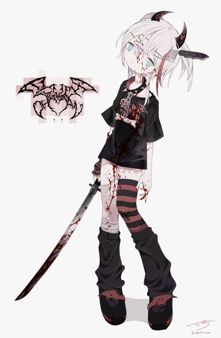 1girl arm_warmers asymmetrical_legwear band_shirt bandaged_leg bandages bangs black_collar black_footwear black_shirt black_socks black_thighhighs blood blood_in_hair blood_on_clothes blood_on_face blood_on_hands blood_on_leg blood_on_weapon blue_eyes bone chain closed_mouth clothes_writing collar contrapposto demon_horns fishnet_pantyhose fishnets full_body hair_between_eyes hair_ornament hairclip head_tilt highres holding holding_sword holding_weapon horns katana knife_in_head looking_at_viewer loose_socks medium_hair merchandise multicolored_hair original outo_eguchi oversized_clothes oversized_shirt pantyhose red_thighhighs scar scar_on_leg scar_on_neck shirt shoes short_sleeves signature simple_background single_arm_warmer single_leg_pantyhose single_thighhigh socks solo spiked_collar spikes streaked_hair striped striped_arm_warmers striped_thighhighs sword t-shirt thighhighs torn_pantyhose twitter_username uneven_legwear weapon white_background white_hair