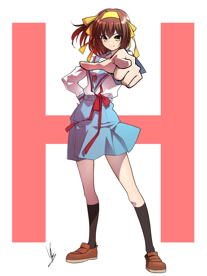 1girl absurdres belt black_socks blue_belt blue_sailor_collar blue_skirt brown_eyes brown_footwear brown_hair closed_mouth commentary_request foreshortening full_body h hair_ribbon hairband hand_on_hip highres kita_high_school_uniform kneehighs loafers long_sleeves looking_at_viewer pointing pointing_at_viewer red_ribbon ribbon sailor_collar school_uniform serafuku shoes short_hair signature skirt smile socks solo standing suzumiya_haruhi suzumiya_haruhi_no_yuuutsu v-shaped_eyebrows yasu_(pixiv) yellow_hairband yellow_ribbon