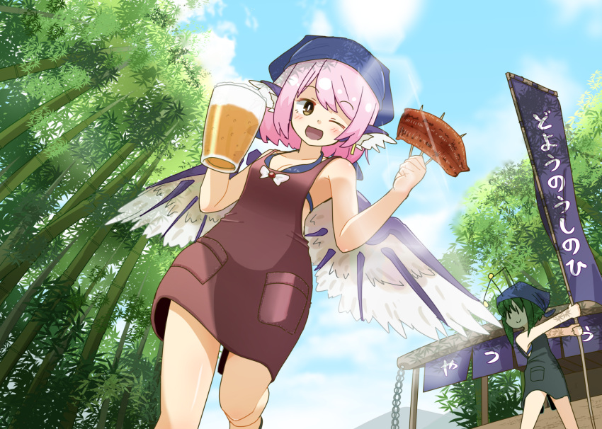 2girls alcohol animal_ears antennae apron bamboo bamboo_forest be_yu beer beer_bottle bikini bird_ears bird_wings blue_bikini blush brown_apron brown_eyes collarbone cup earrings food food_stand forest green_hair head_scarf highres holding holding_cup holding_food jewelry multiple_girls mystia_lorelei nature okamisty one_eye_closed open_mouth pink_hair short_hair single_earring smile swimsuit touhou white_wings wings wriggle_nightbug yatai