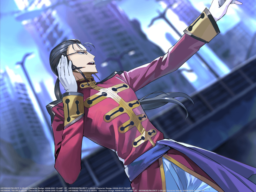 1boy artist_request black_eyes black_hair city code_geass code_geass:_genesic_re;code earpiece floating_hair from_side gilbert_guilford glasses gloves jacket lamppost long_hair low_ponytail male_focus military military_uniform official_art open_mouth pants ponytail red_jacket solo uniform white_gloves white_pants