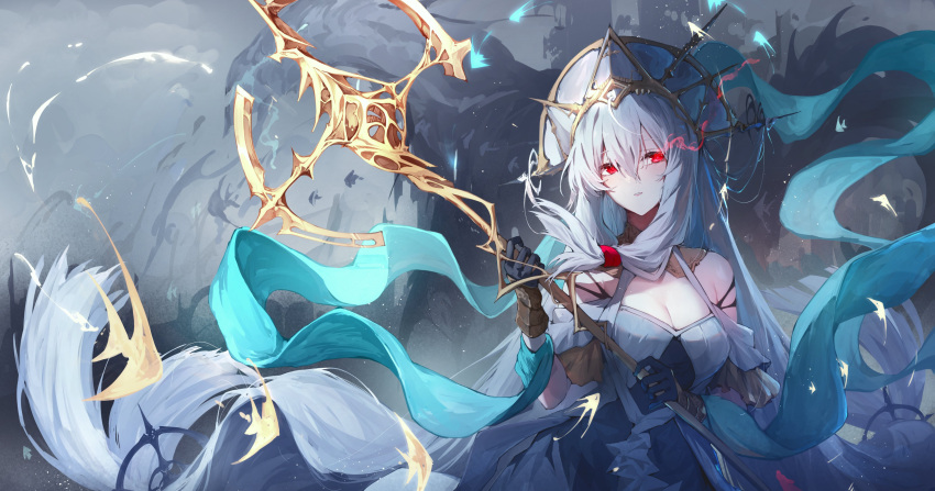 1girl absurdres arknights bangs bare_shoulders black_dress black_gloves breasts cleavage commentary dress gloves glowing glowing_eyes grey_hair highres holding holding_staff long_hair official_alternate_costume parted_lips red_eyes skadi_(arknights) skadi_the_corrupting_heart_(arknights) skadi_the_corrupting_heart_(sublimation)_(arknights) solo staff suiiryu two-tone_dress upper_body very_long_hair white_headwear