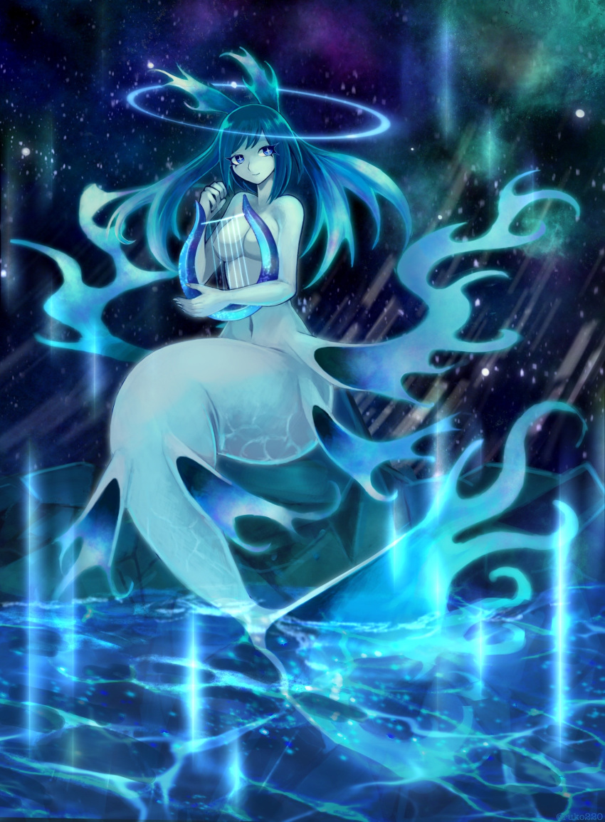 1girl absurdres blue_eyes blue_hair blue_skin blue_theme breasts closed_mouth colored_skin completely_nude halo harp highres instrument long_hair looking_at_viewer medium_breasts mermaid monster_girl navel nude original ruteko_(ruko220) sitting smile solo