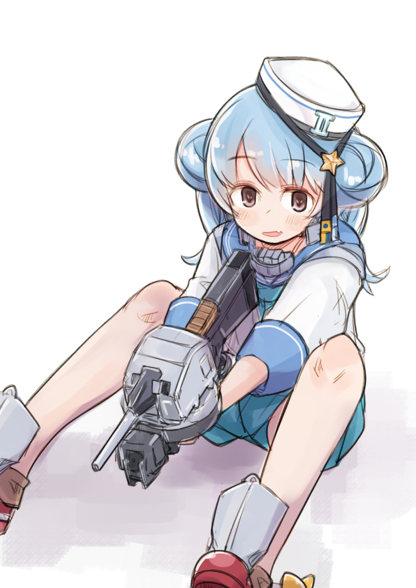 1girl adapted_turret aqua_skirt black_ribbon blue_hair blue_sailor_collar cannon dixie_cup_hat double_bun enjaku_izuku hair_bun hat highres kantai_collection long_sleeves military_hat miniskirt pleated_skirt ribbon sailor_collar samuel_b._roberts_(kancolle) samuel_b._roberts_mk_ii_(kancolle) school_uniform serafuku shirt short_hair simple_background sitting skirt sleeve_cuffs solo turret twintails white_background white_headwear white_shirt yellow_eyes