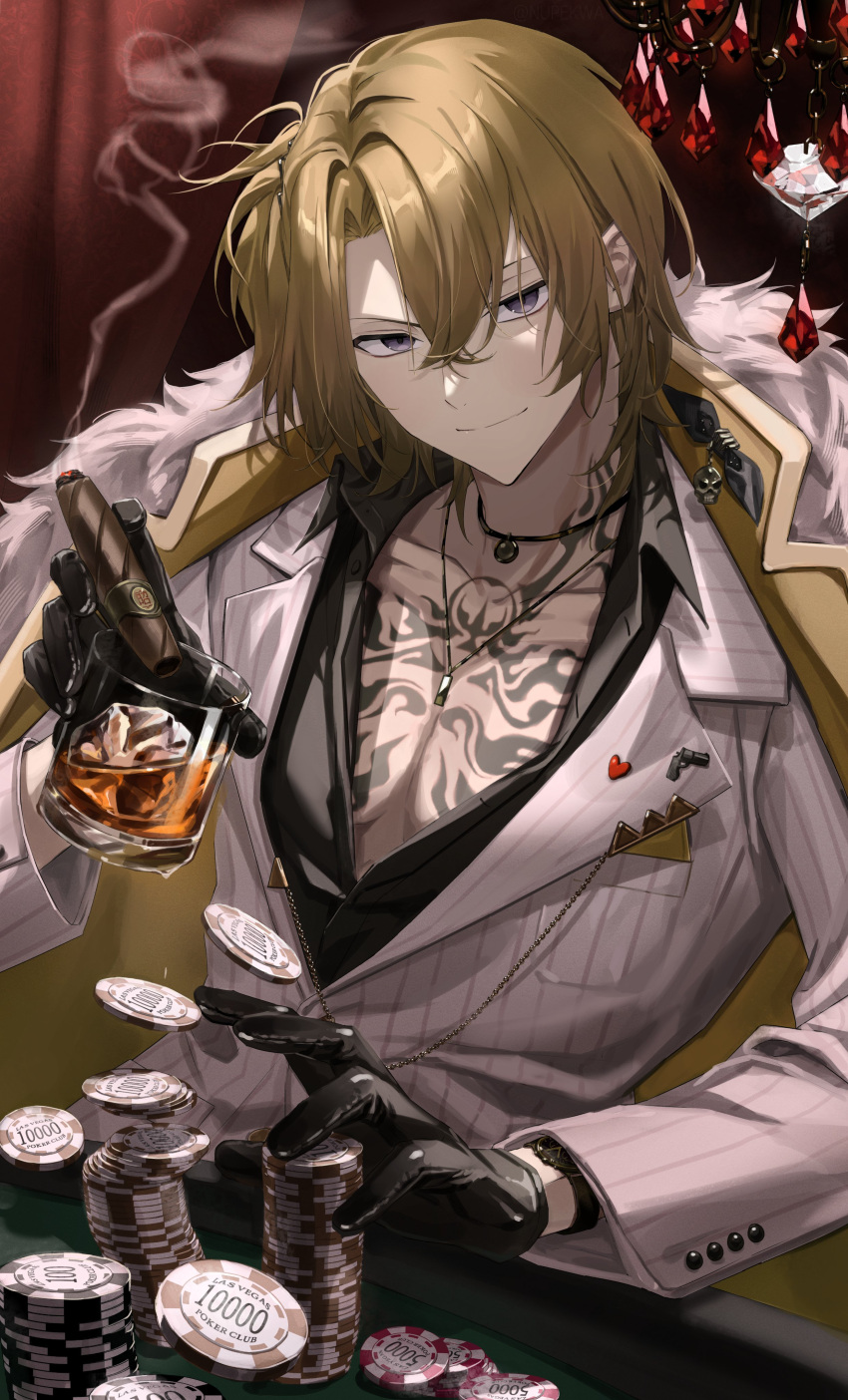 1boy absurdres akira_(nupekwa) alcohol between_fingers black_gloves blonde_hair casino chest_tattoo cigar drink earrings english_commentary formal fur_collar gambling gloves heart highres indie_virtual_youtuber indoors jewelry looking_at_viewer luca_kaneshiro male_focus necklace nijisanji poker_chip purple_eyes short_hair single_earring smirk smoke solo tattoo