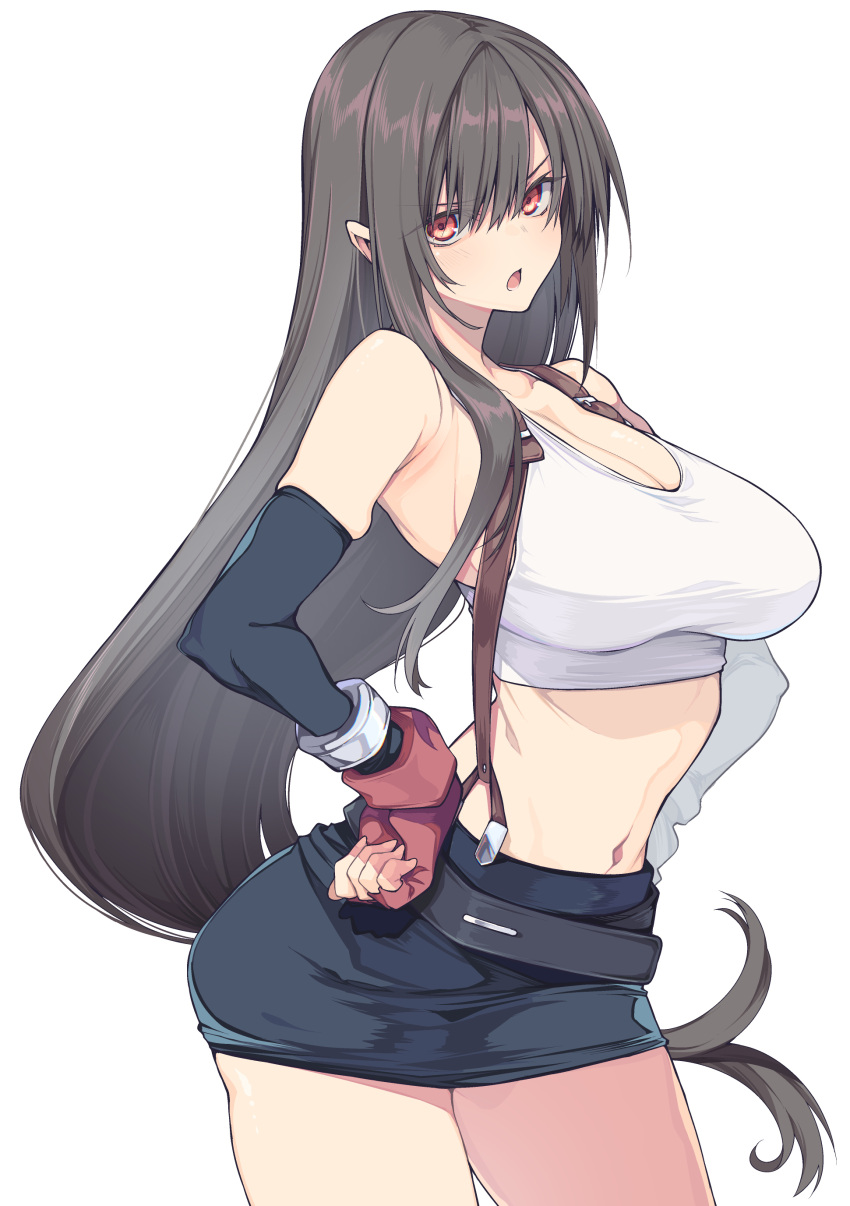10mo 1girl absurdres armpits bare_shoulders black_hair breasts cleavage detached_sleeves elbow_gloves final_fantasy final_fantasy_vii gloves hand_on_hip highres large_breasts long_hair looking_at_viewer low-tied_long_hair midriff navel open_mouth red_eyes red_gloves sideboob simple_background skirt solo stomach suspender_skirt suspenders tank_top thighs tifa_lockhart white_background white_tank_top