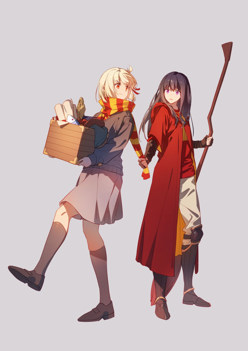 2girls absurdres alternate_costume bangs black_footwear black_hair blonde_hair book box broom commentary_request figure fish grey_sweater gryffindor hair_ribbon harry_potter_(series) highres hogwarts_school_uniform holding holding_box holding_broom inoue_takina long_hair long_sleeves looking_at_another lycoris_recoil multiple_girls nishikigi_chisato pleated_skirt purple_eyes red_eyes red_ribbon red_robe ribbon robe scarf scarf_pull school_uniform scroll shoes short_hair skirt smile standing sweatdrop sweater walluku wooden_box