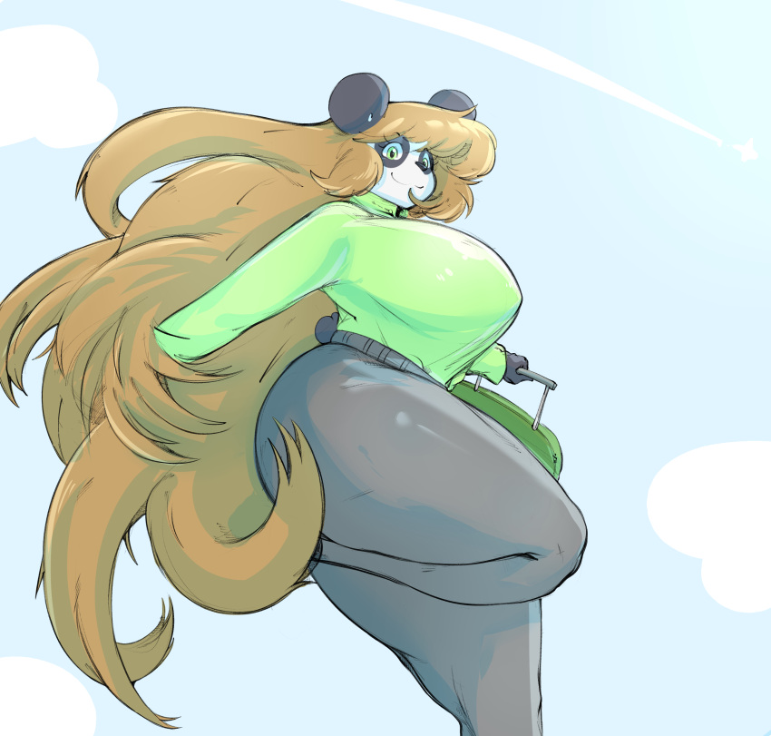 absurd_res animal_humanoid anthro big_breasts breasts clothed clothing colored digital_drawing_(artwork) digital_media_(artwork) dividedwreck female flowing_hair fur giant_panda green_eyes hair hi_res huge_breasts huge_resolution humanoid lilly_(dividedwreck) long_hair looking_at_viewer luggage mammal mammal_humanoid simple_background smile solo tall thick_thighs ursid ursid_humanoid ursine ursine_humanoid white_body white_fur