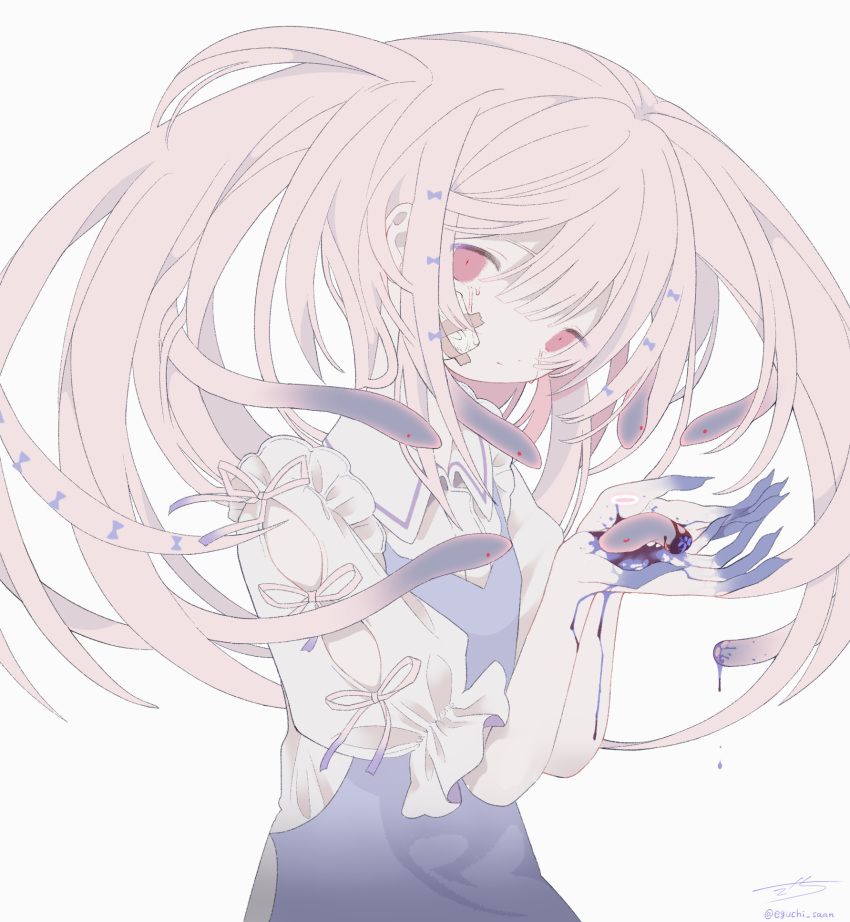 1girl apron bangs blood blue_apron blue_blood collared_dress crying crying_with_eyes_open cupping_hands death dress frilled_dress frills gauze hair_between_eyes halo hands_up head_tilt highres holding living_hair long_fingers long_hair looking_at_viewer monster_girl original outo_eguchi own_hands_together pink_hair red_eyes ribbon severed_head signature simple_background snake_hair solo tears twitter_username upper_body white_background white_dress