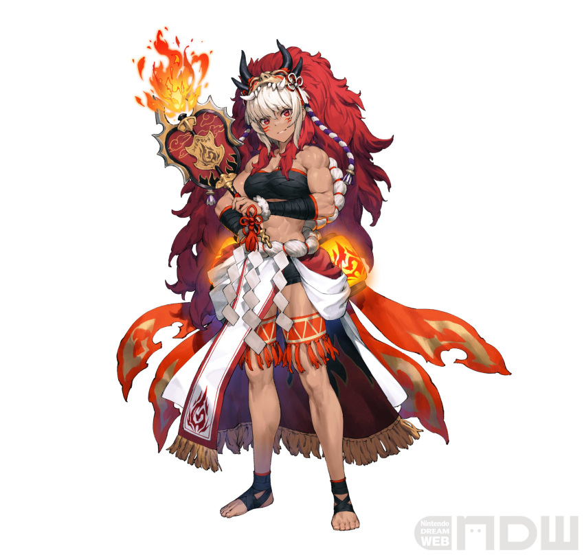 1girl absurdres artist_request bandages bandeau bangs bare_legs bare_shoulders breasts chest_sarashi facial_mark fire fire_emblem fire_emblem_fates fire_emblem_heroes flame full_body hair_between_eyes hand_fan head_tilt highres holding holding_fan long_hair looking_at_viewer mask mask_on_head medium_breasts midriff multicolored_hair muscular muscular_female official_alternate_costume official_art paper_fan red_eyes red_hair rinkah_(fire_emblem) sarashi simple_background skirt smile solo standing stomach strapless thigh_strap tube_top two-tone_hair uchiwa very_long_hair whisker_markings white_background white_hair white_skirt