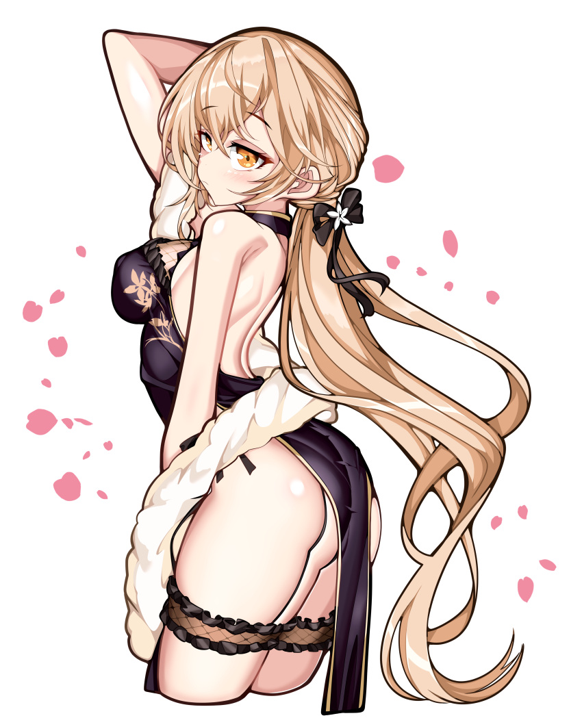 1girl absurdres ass bare_shoulders black_dress blonde_hair blush breasts bridal_garter china_dress chinese_clothes commentary_request dress feather_boa garter_straps girls'_frontline godgamesc2 highres korean_commentary medium_breasts official_alternate_costume ots-14_(girls'_frontline) ots-14_(sangria_succulent)_(girls'_frontline) sleeveless sleeveless_dress yellow_eyes